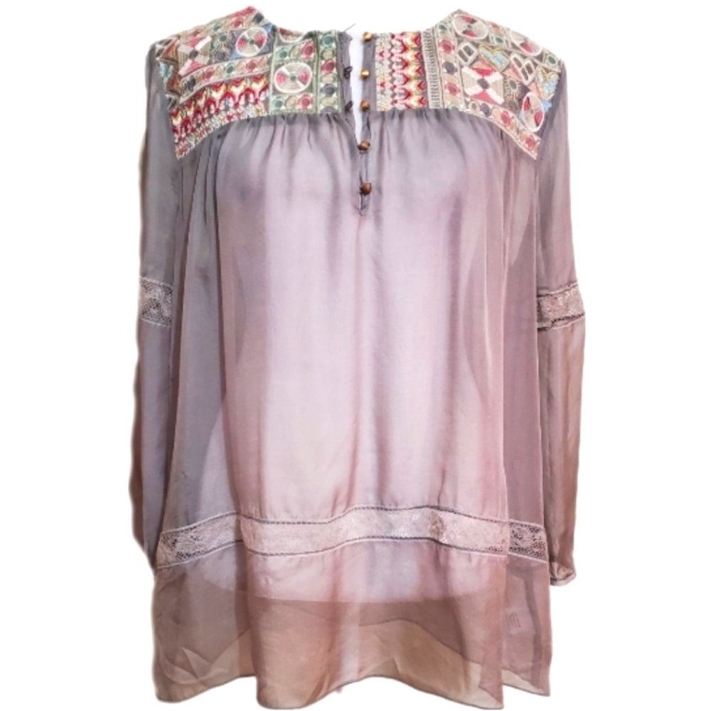 Johnny Was 4 Love & Liberty silk gray embroidery lace long sleeve tunic top S